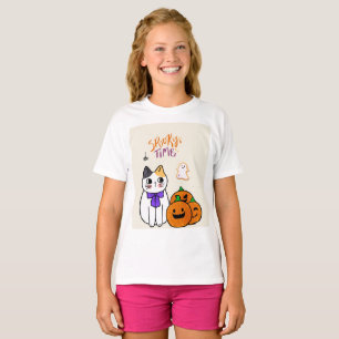 T-shirt Chat en style Halloween avec Citrouille et fantôme