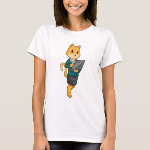 T-shirt Chat en tant que secrétaire avec ordinateur portab