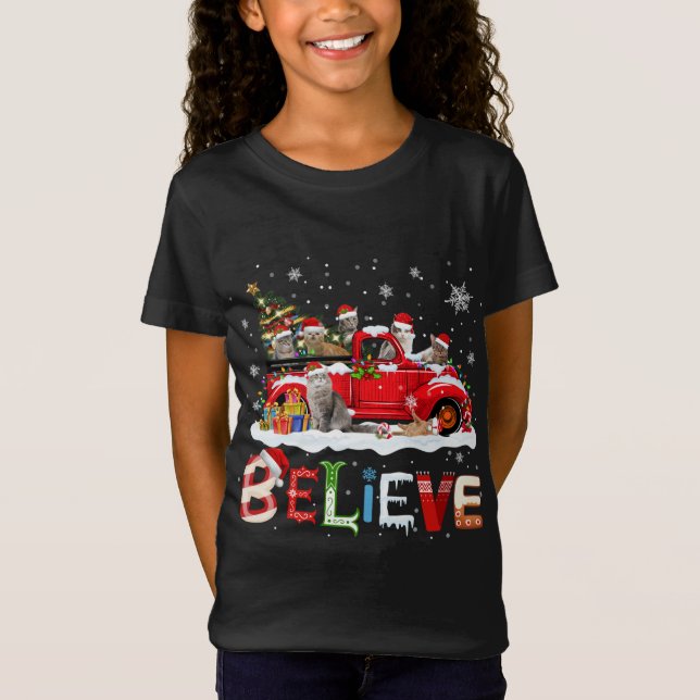 T-Shirt Chat équitation Camion Rouge Arbre de Noël Croire  (Devant)