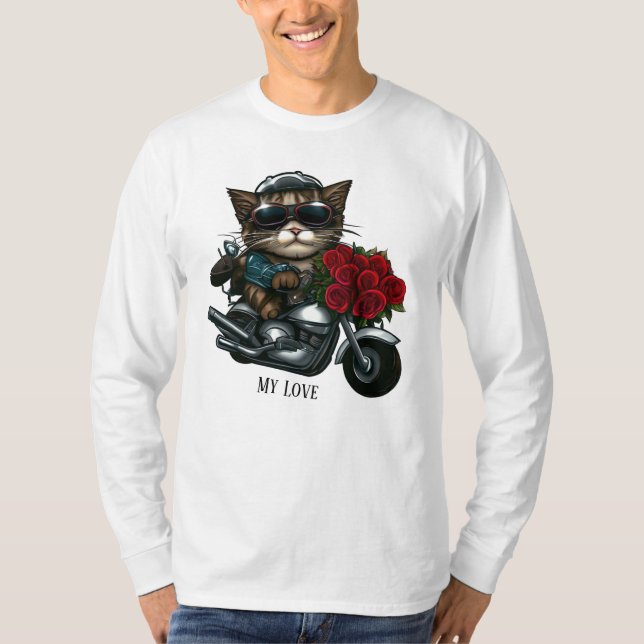 T-shirt Chat équitation moto roses rouges fleurs mon amour (Devant)