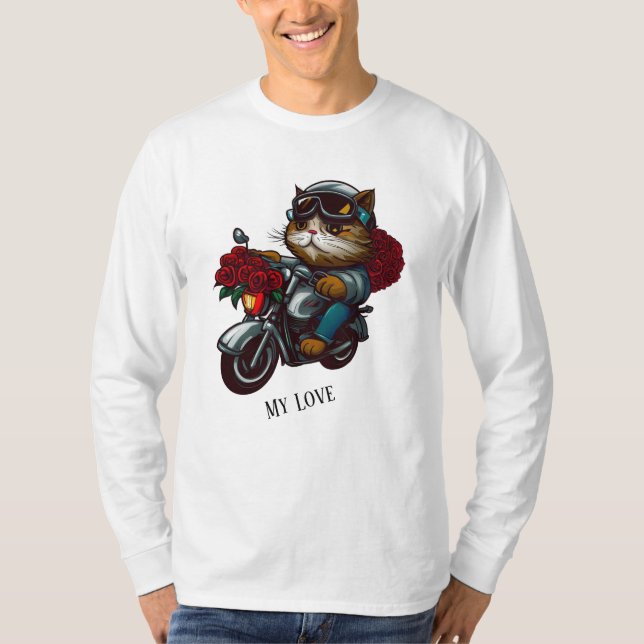 T-shirt Chat équitation moto roses rouges fleurs mon amour (Devant)