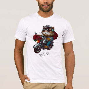 T-shirt Chat équitation moto roses rouges fleurs mon amour