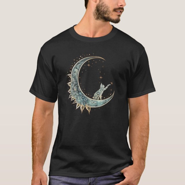 T-shirt Chat esthétique mystique assis sur la lune de croi (Devant)