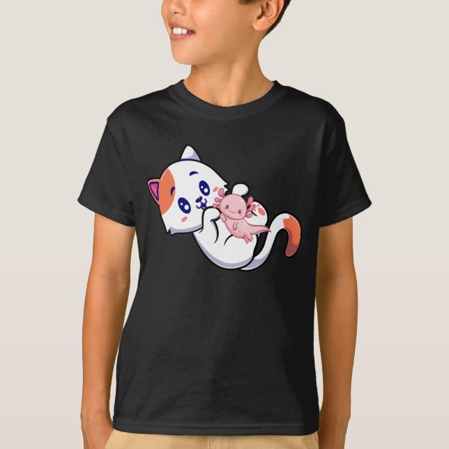 T-shirt Chat et Axolotl Kawaii Neko Anime Boy (Devant)
