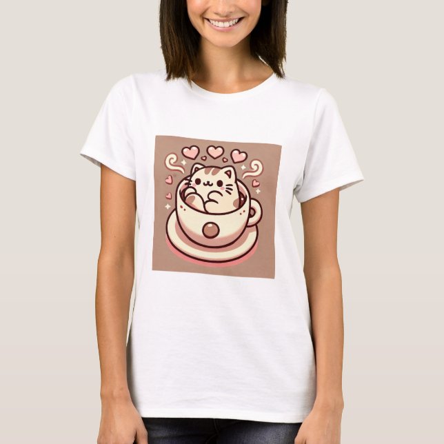 T-shirt Chat et café en gros Kawaii Kitty à Teacup (Devant)