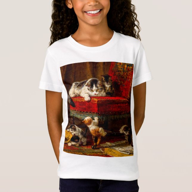T-Shirt Chat et chatons Jouer avec chaise (Devant)