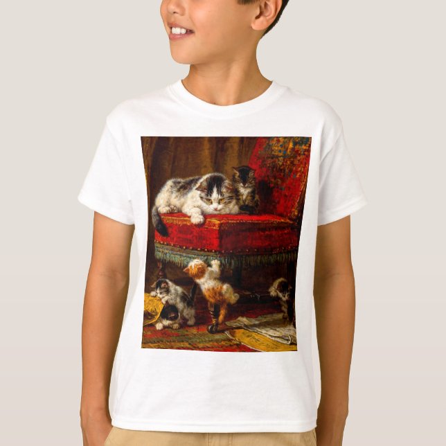 T-shirt Chat et chatons Jouer avec chaise (Devant)