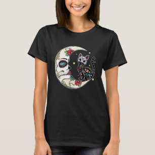 T-shirt Chat Et Crâne De Sucre De Lune Dia De Muertos Jour