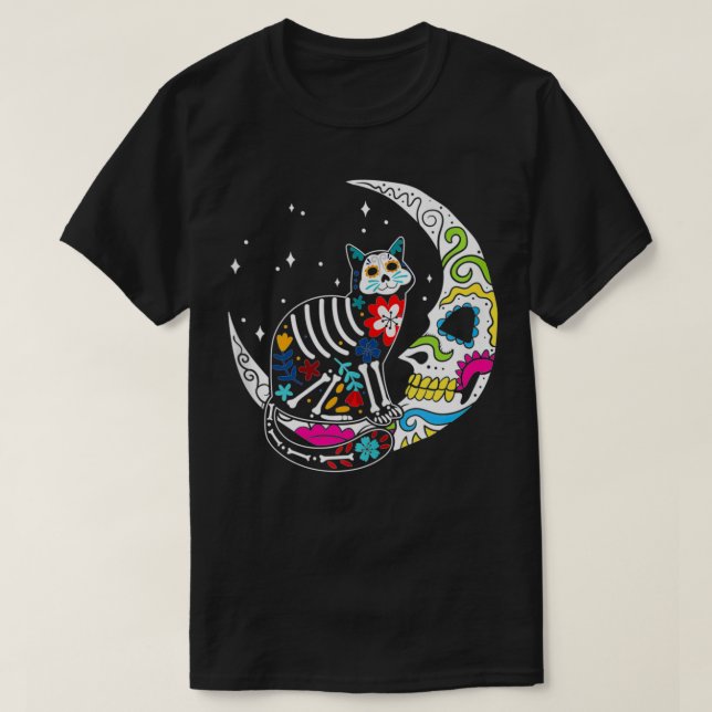 T-shirt Chat et lune de crâne sucre Hommes Femmes Journée  (Design devant)