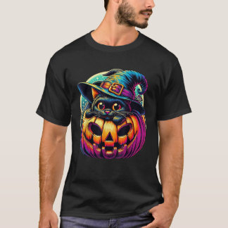 T-shirt Chat extra mignon noir avec sorcière Casquette Cit
