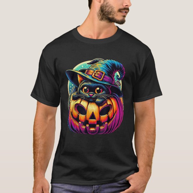 T-shirt Chat extra mignon noir avec sorcière Casquette Cit (Devant)