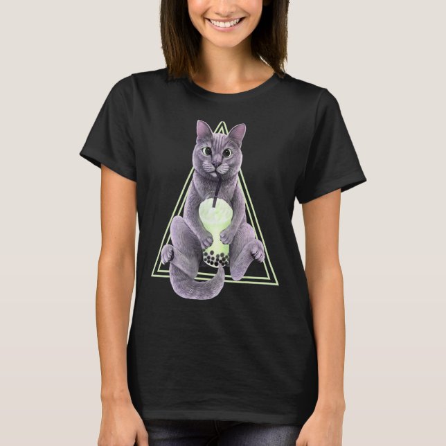 T-shirt Chat gris avec bubble tea (Devant)