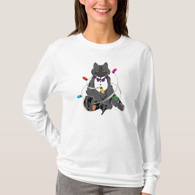 T-shirt Chat Gris Enveloppé Dans Les Lumières De Noël (Devant)