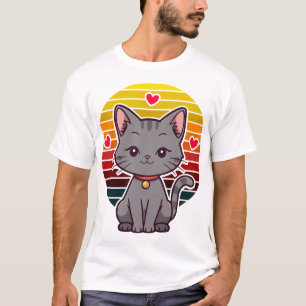 T-shirt Chat Gris Kawaii Rétro Coucher de Soleil Art Anime