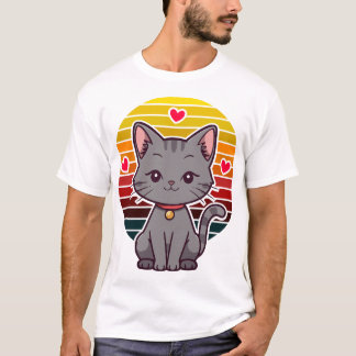 T-shirt Chat Gris Kawaii Rétro Coucher de Soleil Art Anime