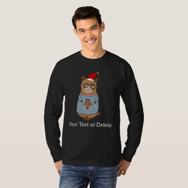 T-shirt Chat Grumpy Portant Un Vilain Chandail De Noël (Devant entier)