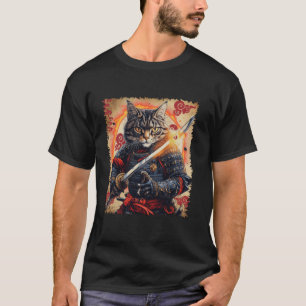 T-shirt Chat Guerrier Samouraï Ronin avec Katana Feline Bu