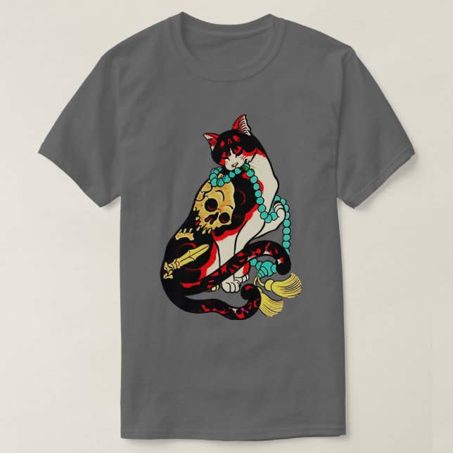 T-shirt Chat imprimé en bois japonais ancien avec fleurs (Design devant)