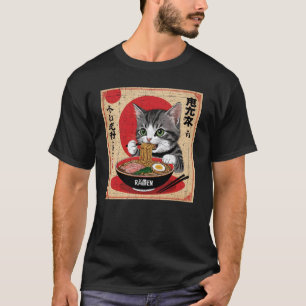 T-shirt chat japonais aux yeux verts mangeant un design de