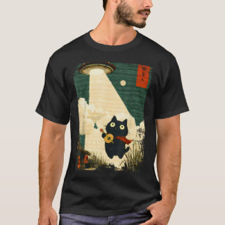 T-shirt Chat japonais drôle enlèvement alien Ufo guitare