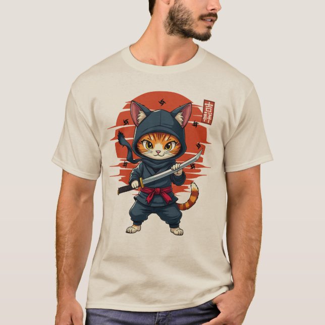 T-shirt Chat Japonais Kawaii Ninja, Chat Ninja Avec Épée (Devant)