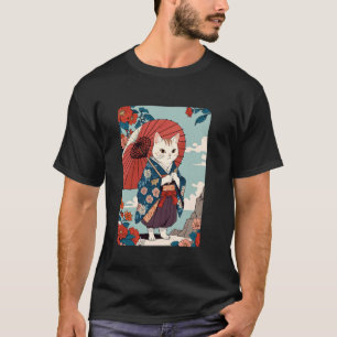 T-shirt Chat Japonais Mignon Rétro Geisha Chat Neko Vintag