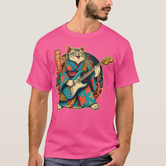 T-shirt Chat Japonais Samurai Jouant À La Guitare Électriq