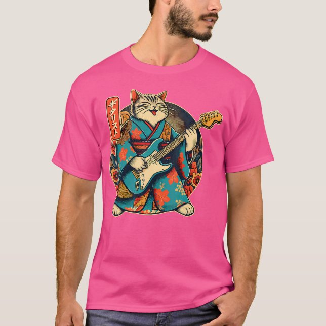 T-shirt Chat Japonais Samurai Jouant À La Guitare Électriq (Devant)