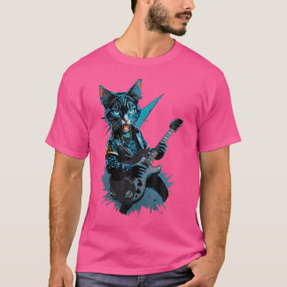 T-shirt Chat Jouer Guitare électrique Lourd Metal Rock Cha