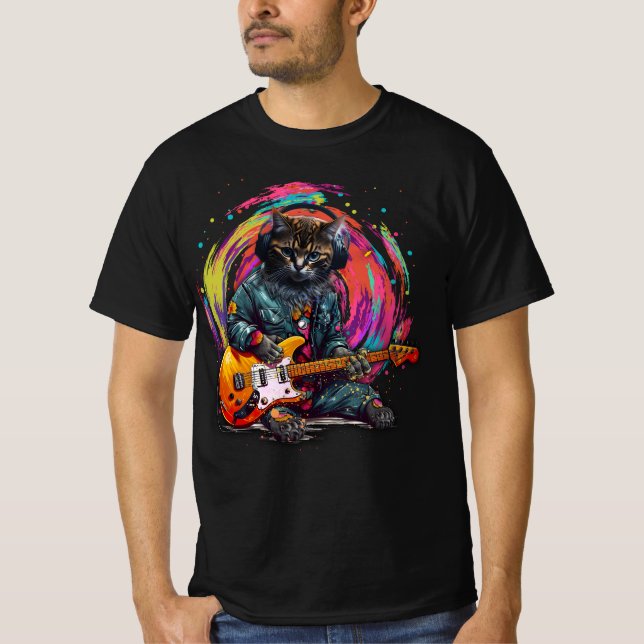 T-shirt Chat Jouer Guitare Électrique Rock Heavy Metal Mus (Devant)