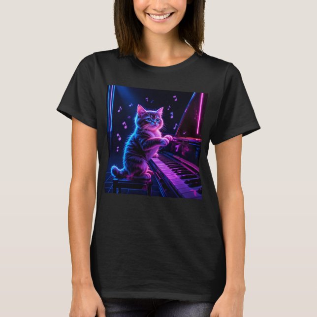 T-shirt Chat Jouer Piano Musique Amoureux Drôle (Devant)