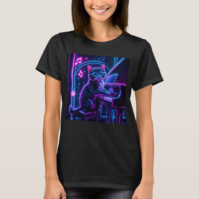 T-shirt Chat Jouer Piano Musique Amoureux Drôle (Devant)