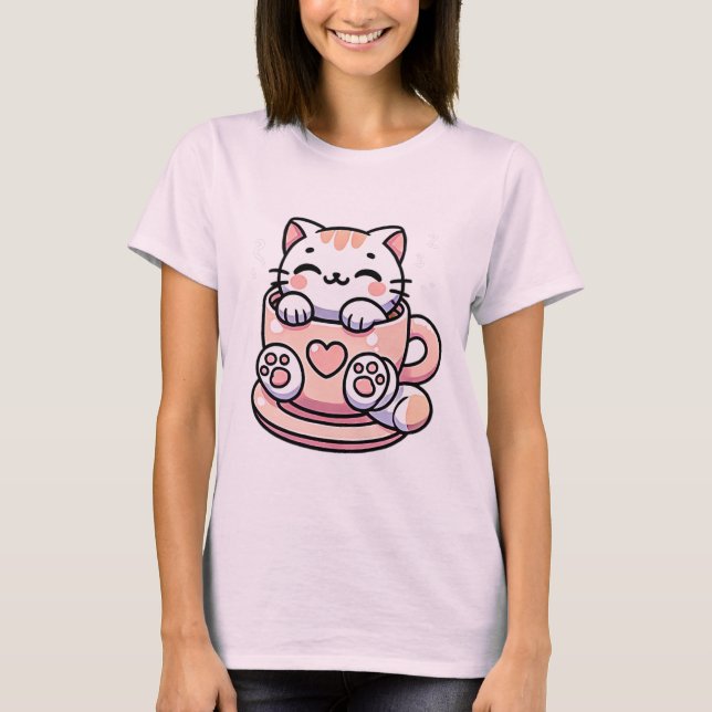 T-shirt Chat Kawaii Sleeping en Teacup Cute Aesthétique (Devant)