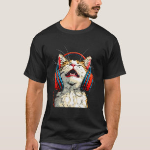 T-shirt Chat Kitty Drôle Vibrant Écoute de la Musique