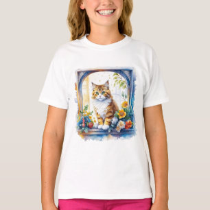 T-shirt Chat Kitty en fenêtre de fleurs