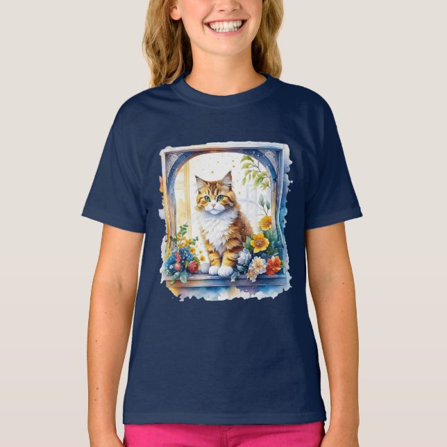 T-shirt Chat Kitty en fenêtre de fleurs (Devant)