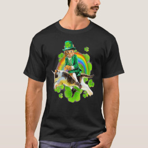T-shirt Chat Leprechaun Chevauchant Trèfle Chanceux Arc-en