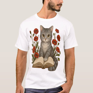 T-shirt Chat Livresque � Joli Chat en Lecture Avec des Coq