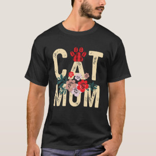 T-shirt Chat Maman Fleurs Vintages Rouge Plaqué Chat Paw K