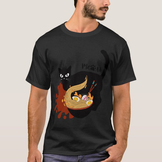 T-shirt Chat Mange Ramen. Crazy Hunt Black Chat de l'enfer (Devant)