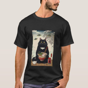 T-shirt Chat Mangeant des Ramen avec des OVNIS pour les Fe