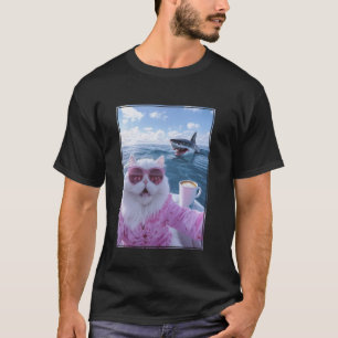 T-shirt Chat Mème sur Bateau de Yacht avec Requin Derrière