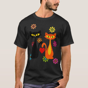T-shirt Chat Mi-Siècle Noir Et Orange Chats En Amour