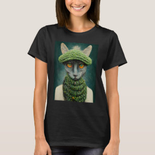 T-shirt Chat mignon d'hiver portant un chapeau tricoté C d