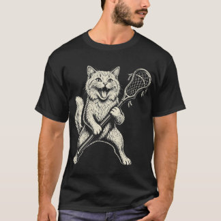 T-shirt Chat Mignon Drôle Jouant au Lacrosse Vintage