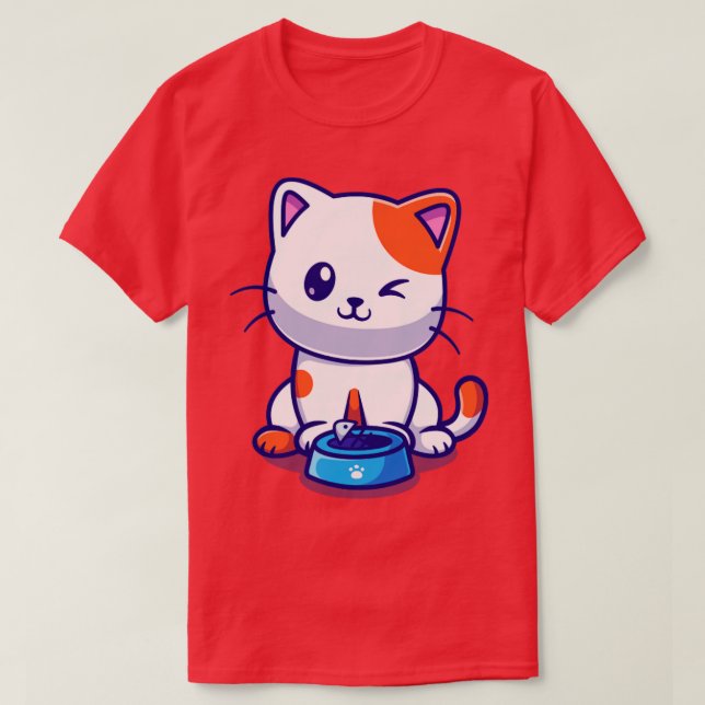 T-shirt Chat mignon mangeant du poisson dessin animé (Design devant)