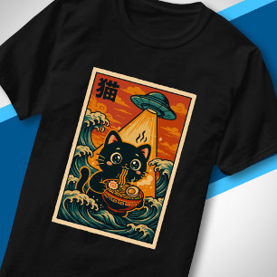 T-shirt Chat mignon OVNI mangeant des ramen rétro ukiyo-e 