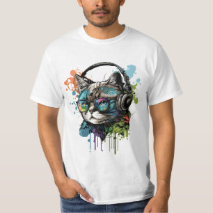 T-shirt Chat Mignon Portant des Lunettes et un Cas