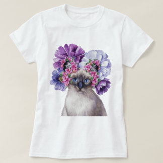 T-shirt Chat mignonne avec aquarelle à couronne de fleurs