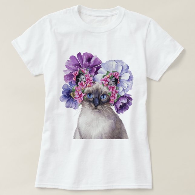 T-shirt Chat mignonne avec aquarelle à couronne de fleurs (Design devant)